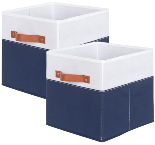 powerking Fabric Storage Box Bins, Two-Tone Foldable Cloth Storage Cube Organizer Drawer with Lather Handle For Closet And Toys Storage,2 Pack,27x27x28cm,White+Deep Blue