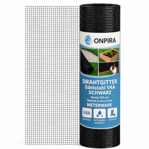Drahtgitter V4A Edelstahl Schwarz 5x5mm Breite 100 cm Drahtgitter Meterware trittfest Lichtschachtabdeckung, Maulwurfschutz,Hochbeetgitter, Laubschutz Kellerschachtabdeckung