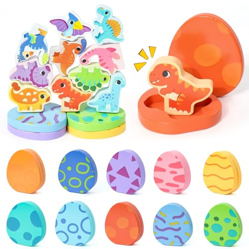 XIAPIA Holz-Dinosaurier-Eier Stapelspielzeug – Montessori Lernspielzeug für Kleinkinder ab 2 3 Jahren – 10 Dinos Set aus Naturholz – Perfektes Ostergeschenk & Nest-Füller für Jungen & Mädchen