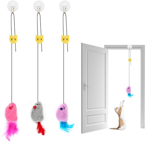 Cat Toys for Indoor Cats, Interactive Squeaky Mouse Toy with Adjustable Elastic, Door-Hanging Design, 3-Piece Set with Soft Plush Material, Cat Enrichment Toy for Exercise, Indoor Cat Play Solution