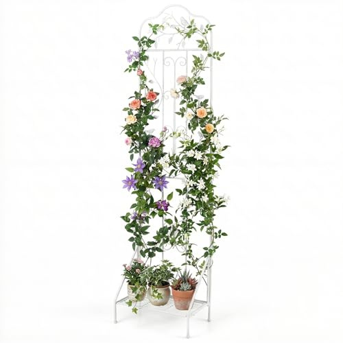 HOMASIS Traliccio per Rampicanti da Esterno con Ripiano Pieghevole, Grigliato per Recinzione in Metallo Antiruggine, Graticcio Decorativo per Piante Clematide Rose, 50 x 190 cm (1, Bianco)