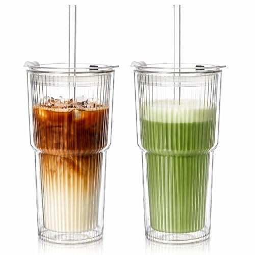 KEMORELA 2-Pack 600ml Ribbed Double Wall Glass Cups with Lids & Straws – Insulated Iced Coffee, Matcha, Smoothies & Bubble Tea Cups – Reusable Clear Glass Tumblers