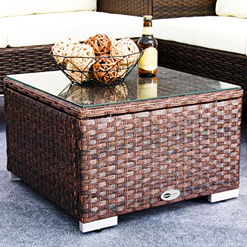 DIMAR garden Outdoor Couchtisch Rattan Terrassentisch Möbel Weide Couchtisch Sektioneller Beistelltisch Rasen Garten Teetisch Hinterhof Outdoor Terrasse Couchtische mit Glas 1 Stück (Mix Brown 50CM)