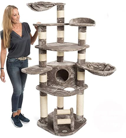 JAMAXX Premium XXL Kratzbaum für große Katzen H175cm extra-Dicke 11 cm Stämme stabil, extra-weiches Soft-Plüsch, PCT6003 grau-braun