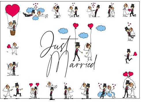 Ballonflugkarten zur Hochzeit - 50 Stück - gelocht, schöne leichte Ballonkarten mit lustigem Brautpaarmotiv für einen weiten Flug im Postkarten-Format für Luftballons und Herzluftballons