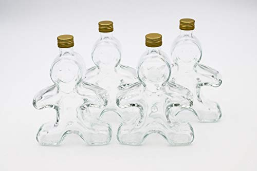 Flaschenbauer - 4 x Leere Glasflaschen 250ml Lebkuchenmann: Mini Glasflaschen mit Schraubverschluss Gold verwendbar als kleine Flaschen zum Befüllen, Leere Schnapsflaschen klein, Inklusive Etikett