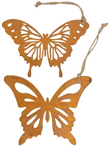 B2S BACK2SEASON 2 x Metall Schmetterling zum Hängen Rost-Finish Garten Dekoration Rostfigur Tierfigur Blumenstecker wetterfest Gartendeko Edelrostdeko antik Frühling Sommer braun H=16cm 2er Set