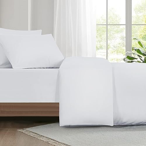 Aisbo King Duvet Set with Sheet - White 4 Pieces Microfiber Bedding Set for Kingsize Bed, Includes Duvet Cover, Fitted Sheet and Pillowcases