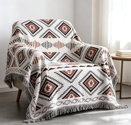 Luxlovery Azteken-Überwurf, Überwurf, Beige, Tribal, Boheiman, ethnisch, gewebt, Boho, geometrisch, Weiß und Khaki, für Couch, Bett, übergroßer Stuhl, Sofabezug mit Quasten (160 x 218,4 cm)