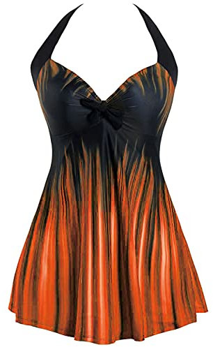 Sixyotie Femme Maillot de Bain Une Pièce Taille Haute Rétro Monokini à avec Jupette Fleur Amincissant (Orange,5XL)