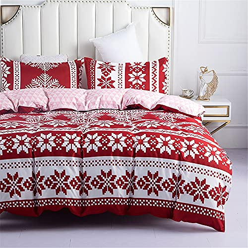 Weihnachten Bettwäsche Set 4 teilig, Mateju Weihnachten Schneeflocke Drucken Bettwäsche-Set Weiche Angenehme Mikrofaser mit Reißverschluss Bettbezug 1 Bettlaken 2 Kopfkissenbezug (Rot,220x240cm)