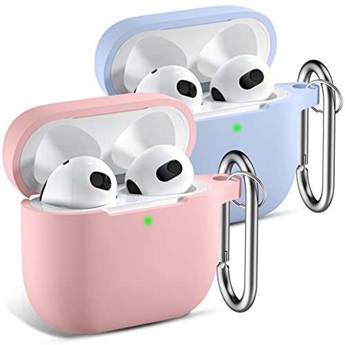 CeMiKa 2 Stück Hülle für AirPods 3 Generation Hülle 2021 - Silikon Schutzhülle für AirPods 3 Case Cover, Stoßfeste Silikonhülle Kompatibel mit Apple AirPods 3 Hülle, mit Karabiner - Sand Rosa/Lila