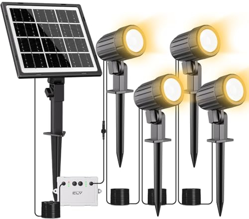 CLY Faretti Solari a LED da Esterno, Bianco Caldo 2700K Faretto Solare da Giardino 2 Modalità Dinamiche Luci Solari da Giardino 3 Luminosità 5000mAh Memoria Luce Solare LED Esterno Impermeabili IP66