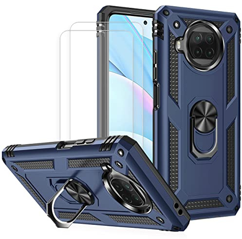 JOYTAG Hülle für Xiaomi Mi 10T Lite 5G Hülle，handyHülle+ Gehärtetes Glas Schutzfolie [2 Stück] Silikon TPU 360 Grad Drehring aus Halter magnetisch Autotelefon case-Blau