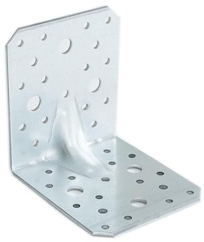 Bau Handwerker Service 24 | 20 Winkelverbinder 90x100x100mm mit Sicke, Schwerlast Metall Winkel für Holz, Ziegel und Beton, Lochwinkel, Bauwinkel mit Steg, Stahl Metallwinkel 90° Grad (20 Stück)