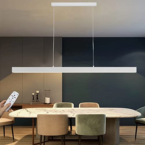 LED Pendelleuchte Dimmbare Schwarz Langer Streifen Esstisch Hängeleuchte mit Fernbedienung Moderne linear Design höhenverstellbar Kronleuchter Lampe für Büro Bar Esszimmer Küche (Weiß, 150cm/60W)