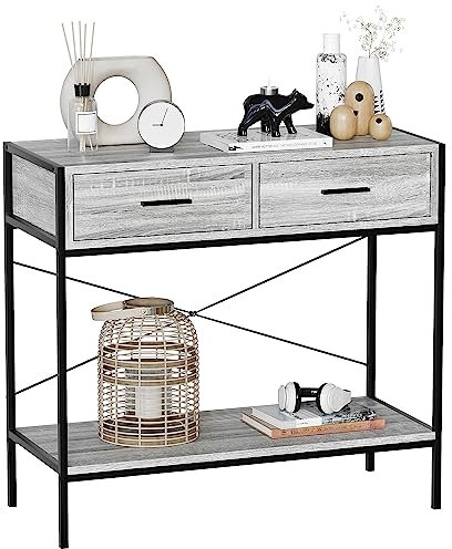 Vida Designs Brooklyn Console Table Hallway Living Room Rustic Shelf Industrial Storage Furniture (Grey, 2 Drawer)