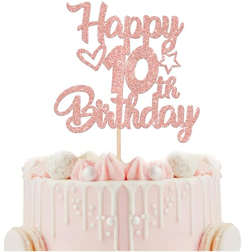 SYKYCTCY 1 Pack Happy 10th Birthday Cake Topper Glitter Heart Star 10 Fabulous Cake Pick Birthday Sign Cake Decorations for Children 10th Birthday Theme Party Supplies Rosegold