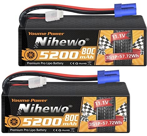 2Packs 3S Lipo Battery Pack, Nihewo 11.1V RC Battery 5200mAh 80C Hard Case Lipo Batteries EC5 Connector Compatible with Arrma Axial 1/8 1/10 RC Car Truck Truggy Vehicles Tank Boat Airplane Models