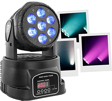 BoomTone DJ ROBO WASH 7X12W Luz de escenario LED RGBW 4en 1, Dimmer, Estroboscopio, Foco de cabeza móvil, Lira motorizada. Programas automáticos, detección musical, DMX, maestro/esclavo.