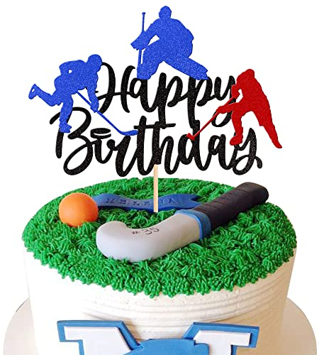 Xsstarmi 1 Packung Hockey Happy Birthday Cake Topper Glitzer Eishockey Spieler Sport Thema Kuchen Pick Dekorationen für Hockey-Thema Babyparty Jungen Mädchen Geburtstag Party Supplies Schwarz