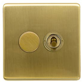 Soho Lighting Brushed Brass Art Deco 2 Gang Dimmer and Toggle Switch Combo (1x150W LED Dimmer 1x20A 2 Way Toggle)