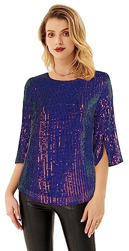 Damen Pailletten Bluse Langarm Rundhals Loose Fit Casual Elegant Tops M Lila-Schwarz CL1777A22-11