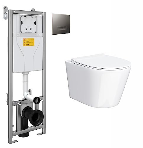Nes Home Modern Rimless Wall Hung Toilet with Ultra Slim Soft Close Seat and Wall Frame System