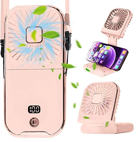 Les-Theresa 5 in 1 Mini Portable Pink Metal Fan, 4 Speeds, Foldable, Built-in Power Bank, USB-C, Modern Personal Portable Fan, 6.7 x 3.1 x 0.8 inches