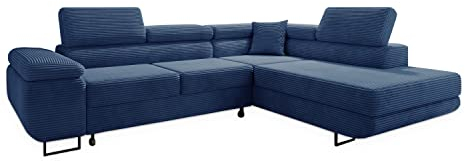 ML Furniture Ltd Avatar Kord Ecksofa in L-Form 277 x 73 x 203 cm mit Schlaffunktion und Bettzeugbehälter - Schlafsofa mit Bettkasten - Eckcouch mit Stauraum - Rechts - Farbe: Kord Blau