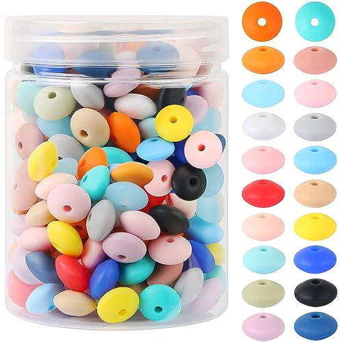 120 Pcs Silicone Abacus Beads, 12mm Colorful Silicone Focal Beads for Pens, Lentil Saucer Shaped Beads Bulk with Bottle, Rubber Loose Spacer Beads for Keychain Making Crafts Necklace Bracelet Lanyard