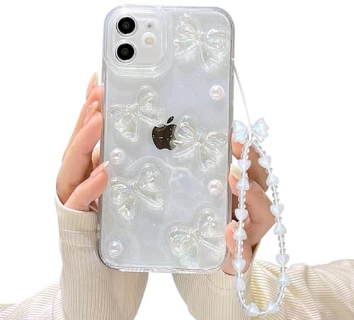 Ownest Compatible with iPhone 12 Case with Clear Cute Bling 3D Bowknots Pearl Aesthetic Patterns for Women Teen Girls, Glitter Sparkle Back and Lens Protection Phone Case Cover + Chain