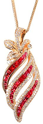 Epinki 18K Rose Gold Necklace for Women, Feather 1.45CT Lab Created Ruby with 0.43CT Moissanite Pendant with Chain 18 Inch