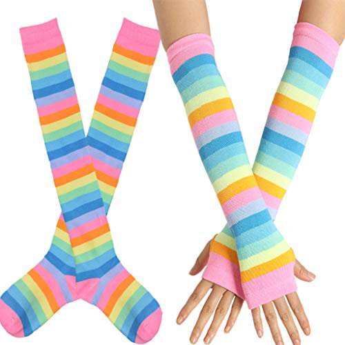 COSSIKA Damen-Strümpfe, Regenbogen-Streifen, über dem Knie, Oberschenkelstrümpfe, Armwärmer, Fingerlose Handschuhe, Set, Kostüm, Cosplay, Party, Kostüm