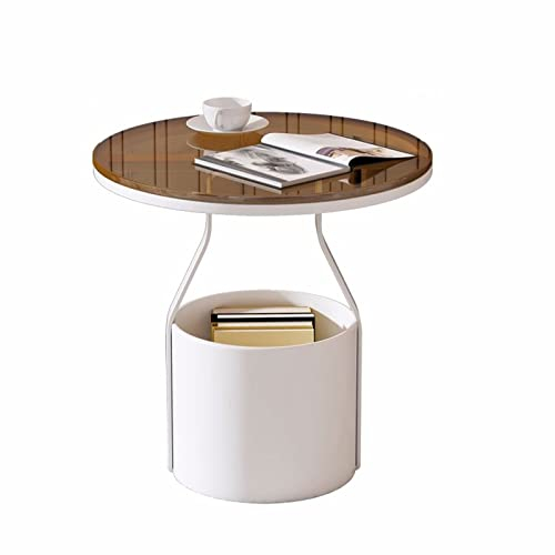 Table Basse Canapé Tables d'appoint d'intérieur et d'extérieur avec panier de rangement, petite table d'appoint ronde avec plateau en verre trempé et cadre en métal, for patio, cour, balcon, jardin, c