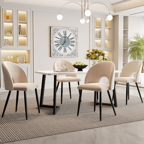 Essgruppe, Esstisch mit 4 Stühlen, Rechteckiger Esstisch Moderner Küchentisch Set,Samt Esszimmerstuhl Mit Diamantmuster,Verstellbare Stuhlbeine (beige und schwarz)