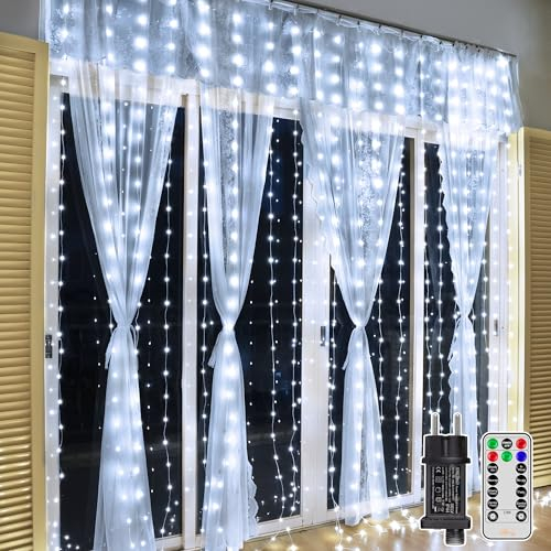 Ollny Guirlande lumineuse, 3 x 3 m, 300 LED, 8 modes, guirlande lumineuse pour intérieur et extérieur, intensité variable, pour chambre, fête, balcon, décoration de Noël (blanc froid)