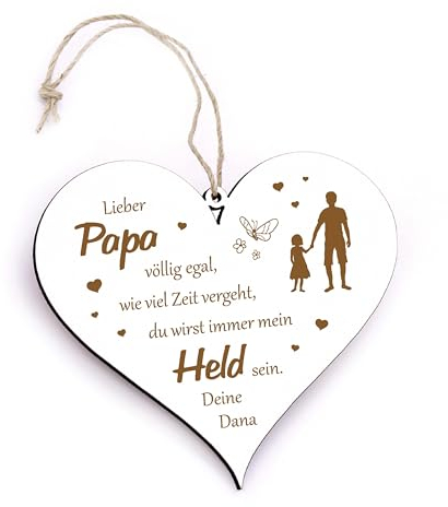 Dekolando Geschenk für Papa Vatertagsgeschenk Vater Mein Held Schild Herz Holz personalisiert Geschenk von der Tochter Andenken Erinnerung 13x12cm