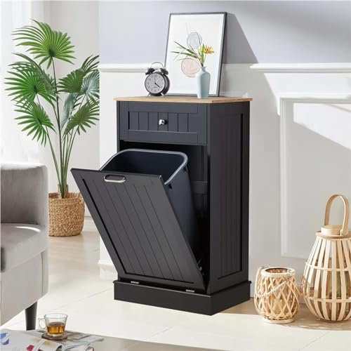 SHAIRMB Tilt Out Trash Cabinet, Wooden Free Standing Trash Cabinet, Hidden Trash Can Cabinet, 10 Gallon Trash Bin Holder, Pet-Proof Garbage Can Cabinet for Kitchen Dining,Black