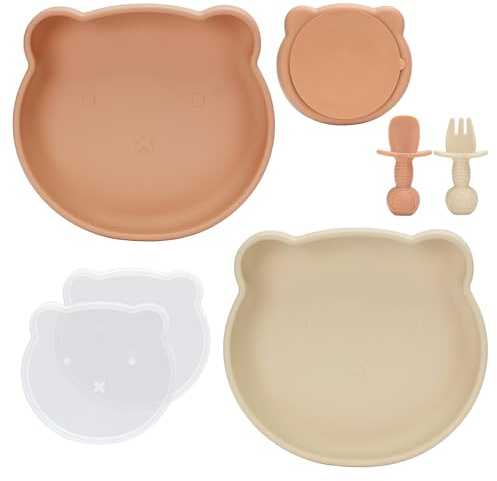 MOJINL Lot de 2 assiettes en silicone pour bébé avec ventouse et couvercle, antidérapantes, avec compartiments, sans BPA, passe au lave-vaisselle, avec cuillère en silicone et fourchette pour bébé