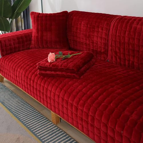Samt Sofabezug 1 2 3 4 Sitzer, Sofaschoner Antirutsch sofa cover l shape, sofa bezug set Sofa überzug Ecksofa couch überwurf sofaüberwurf, sofa überwurf couch überzug L Form,Dark red,110x210cm