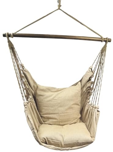 HOBEA-Germany Hängesessel Hängestuhl Hängesitz mit 2 Kissenhüllen: XXL (bis 140kg belastbar), Farben Hängesessel: beige