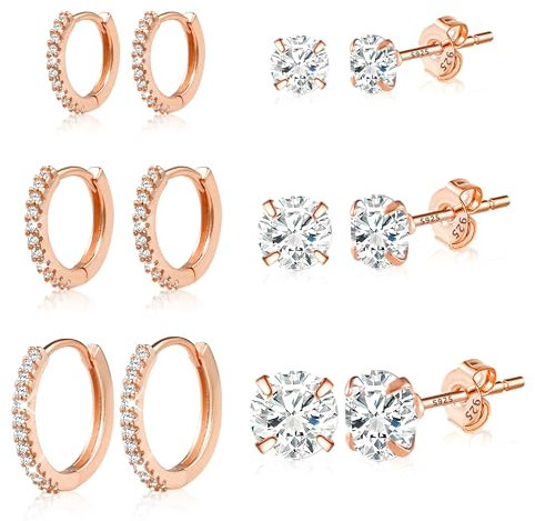 ALEXCRAFT Silber 925 Roségold Ohrringe - Damen & Kind: Creolen, Ohrstecker mit Zirkonia, Hypoallergen