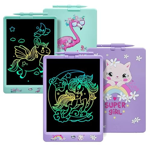 DYNASONIC Lot de 2 planches DYNA-PM flamant rose + Dinosaure Tablette d'écriture LCD couleur 10 pouces pour enfants Tableau magnétique pour dessin Jouet éducatif Cadeau pour enfants