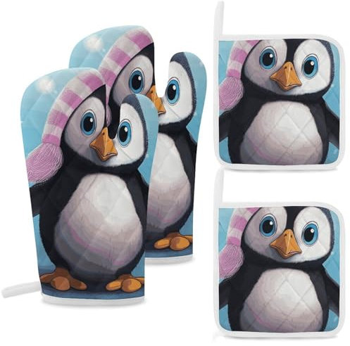 Ofenhandschuhe und Topflappen, 4 Stück, hitzebeständig, schöner Pinguin-Ofenhandschuh, Küche, heiße Pads für Mikrowelle, Ofenhandschuhe zum Kochen, Grillen