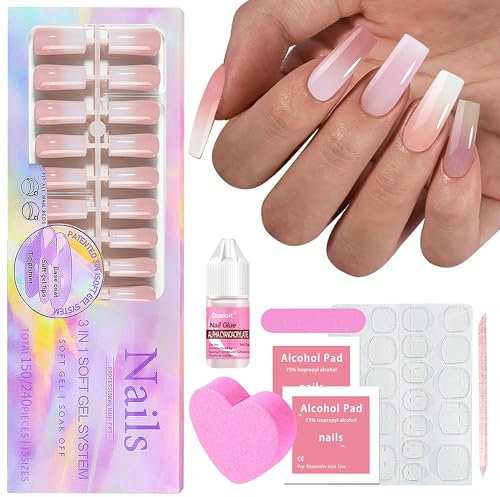 Falsche Nägel Tips Set - 150Stk Press on Nails French Medium Almond, Weiß Rosa Gradient Design Tips für Nägel Full Cover Acryl Künstliche Fingernägel für Frauen & Mädchen (Rosa Quadrat, 150x)