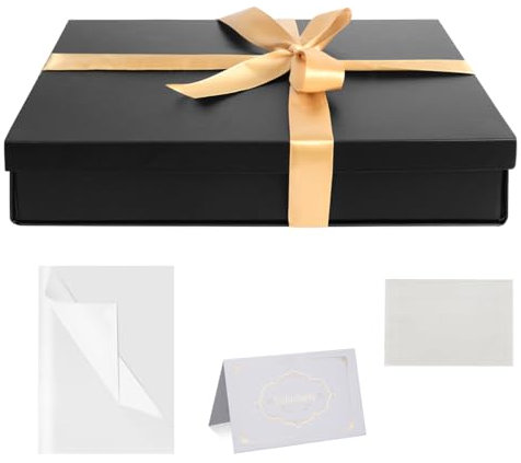 Schwarz Geschenkbox mit Deckel 31 x 22 x 6 cm Groß Geschenkbox mit Schleife Seidenpapier Grußkarten für Weihnachten Geburtstag Hochzeit Jahrestag
