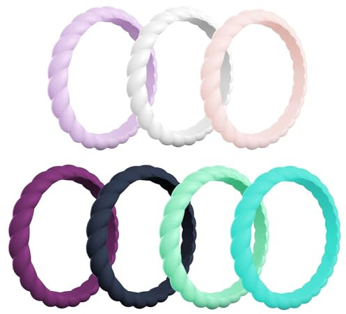 LOCCY 7 Pack Silicone Wedding Ring for Women, Breathable Women Silicone Ring 3mm Twist Rope Braided Rubber Band Wedding Band Colorful Fit Skin Rubber Wedding Bands, Comfortable fit, Skin Safe (8)