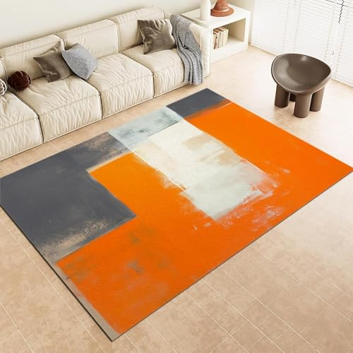 AAFUOO Teppich Wohnzimmer 120x210cm Orange Grau Farbe Abstrakte Malerei Quadrate Teppich, Teppich Läufer Flur, Kurzflor rutschfest Waschbar Teppich für Schlafzimmer, Esszimmer, Jugendzimmer