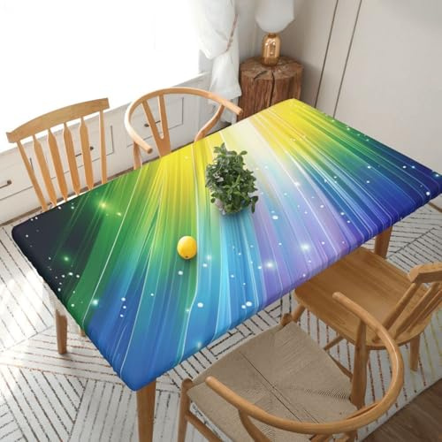 JKSEEPYN Rechteckige Tischdecke mit bunten Streifen, 1,5 m, mit Gummizug, wasserabweisend, Schutzdecke für Küchen- und Esstische